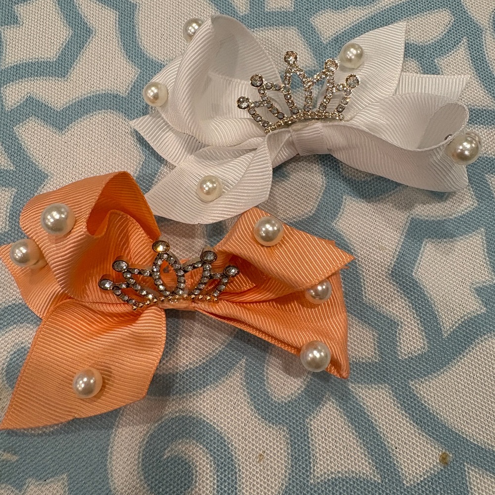 Elegant Crown Hair Bows for Kids - White and Orange handmade